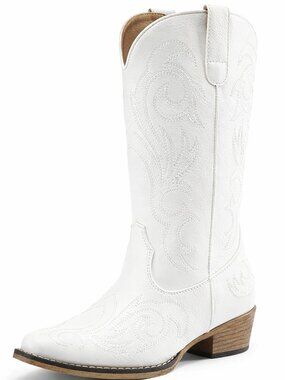 Women's White Faux Leather Cowgirl Boots Square Toe Chunky Heel Stitched Boots